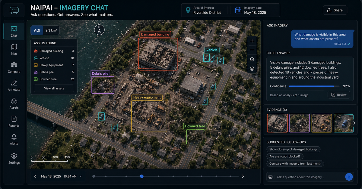 NAIPAI imagery chat proof showing aerial image question, grounded answer, confidence, caveat, and next action.